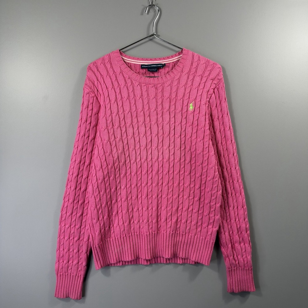 Ralph Lauren Golf Sweater Womens XL Pink Cable Knit Cotton Crewneck Pullover